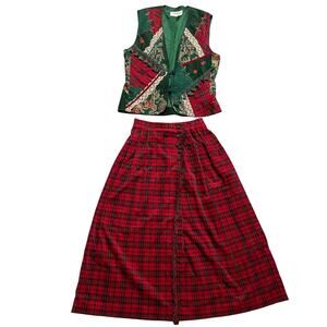 Vintage Christmas Set Women’s Christmas Vest and plaid Tartan Skirt Size 10 M/L